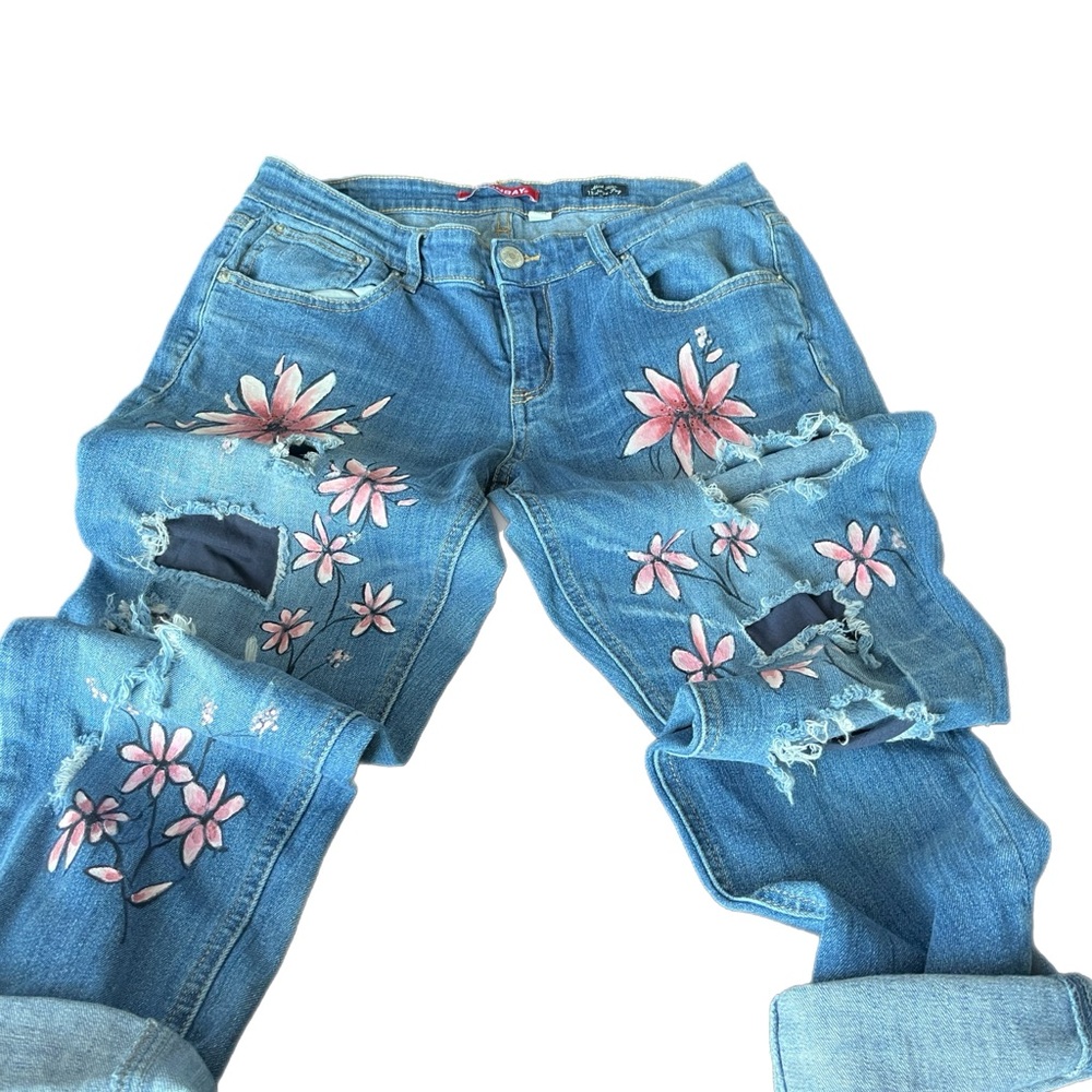 Up cycled UNIONBAY Blue and Pink Boyfriend Jeans with Hand Painted Floral Design